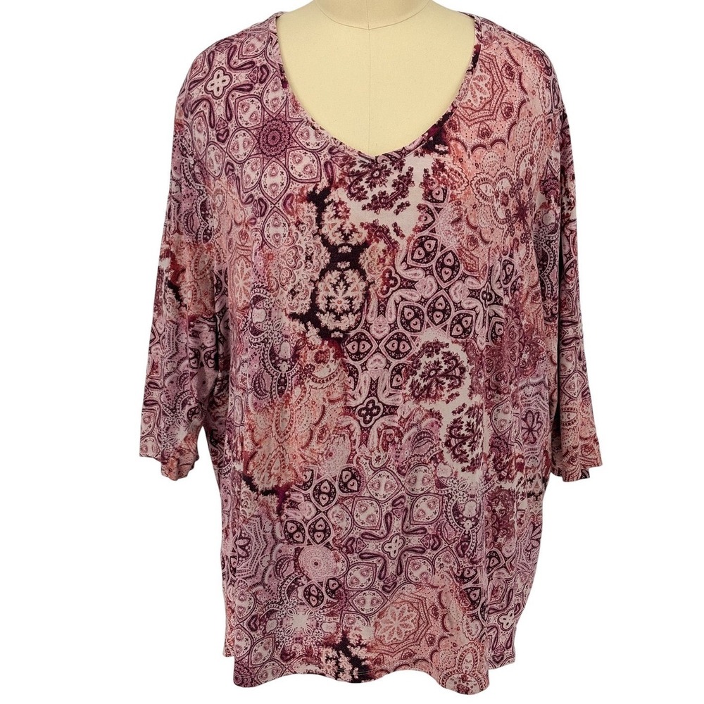 Catherines Knit Top Pink Paisley V-Neck 3/4‎ Sleeve 5X